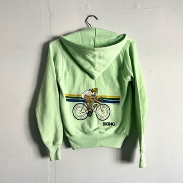 Vintage 70s Biking Bicycle Riding Sweatshirt Back Print hoody zip up sweatshirt size S/XS 