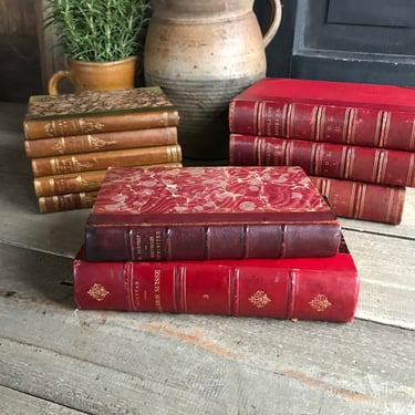 19th C Red French Leather Book, Stacking Display, History, Raised Leather Spine, Gold Gilded, Sold by Each 