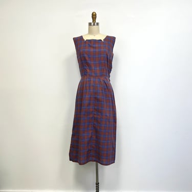 Vintage 50s Plaid Wiggle Dress | Wide Notched Neckline | Sleeveless | Side Zip | Size Small 