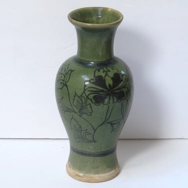 Large Antique Primitive Stoneware Vase Green Ceramic Vase Celadon Vase Crazed Glazed Pottery Vase Lafayette Floral Vase Flowers Green Black 