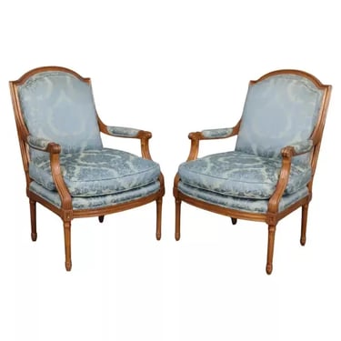 Fantastic Pair Carved Walnut French Louis XVI Style Baker Bergere Chairs