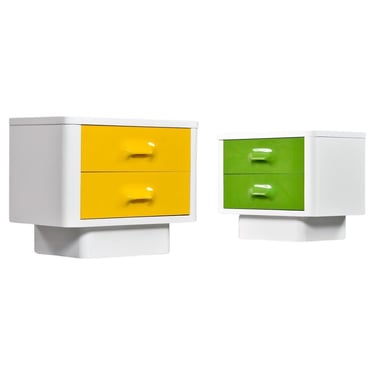 Pair of Raymond Loewy Inspired Yellow And Green Chapter One Space Age Nightstands 