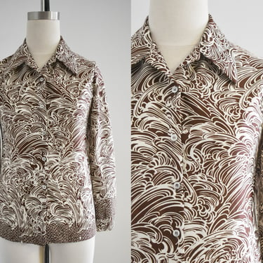 1970s Brown Wave Patterned Blouse 