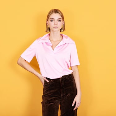 60s Barbie Pink Stretchy Polo Shirt Vintage Short Sleeve Collar Blouse Top 