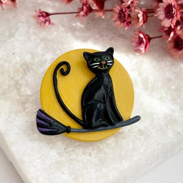 Cute Vintage Moon and Black Cat Holiday | Halloween | Spooky | Retro Brooch Pin 