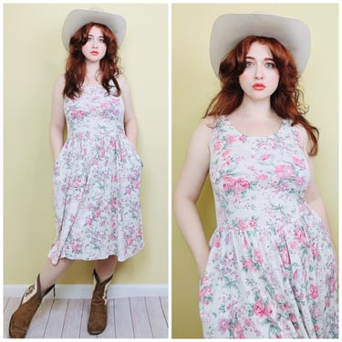 1980s Vintage Cream and Pink Floral Tank Dress / 80s Cotton Poly Knit Sundress With Pockets / Medium 