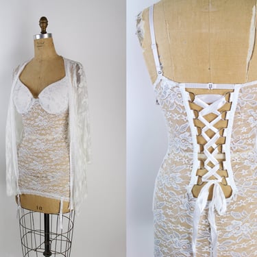 80s Fredericks of Hollywood White Lace 3 Piece Set / Corset Set / Vintage Robe / Thong panty / Deadstock / Size S/M 