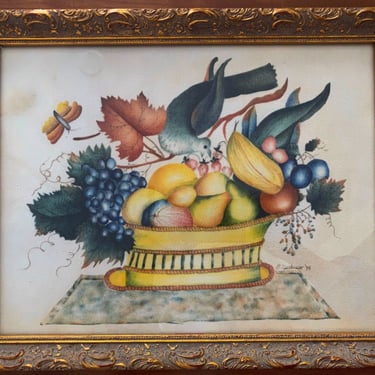 Theorem painting Bird on a basket of fruit Vintage still life stencil art Primitive hand painted oil painting on velvet  19th C. Womens Art 