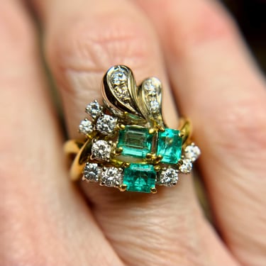 Stunning Retro 14K Gold Emerald & Diamond Cocktail Ring, Sz 6.75 7.2g Vintage 