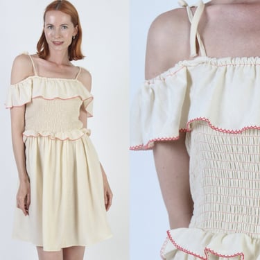 Cream Shoulder Tie Smocked Dress Ruffle Elastic Stretchy Bust Vintage 70s Prairie Festival Short Dress 