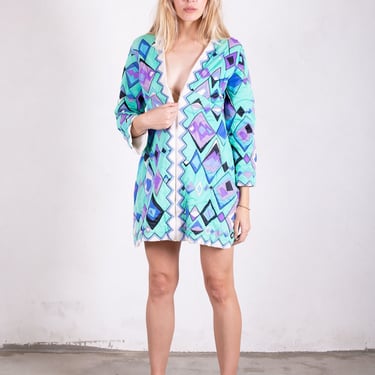 1960s EMILIO PUCCI Geometric Printed Zip Front Quilted Lounge Dress Mini Deep V Purple Turquoise Logo 60s Vintage Formfit Rogers S M 