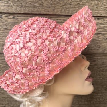 vintage pink straw hat 1960s folded brim statement chapeau 