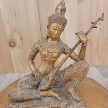 Antique Thailand Gilded Bronze Statue of Saraswati Playing a Vina