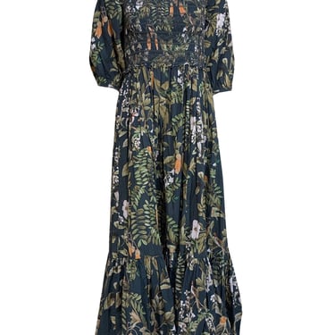 Cara Cara - Green Floral Print Cotton Puff Sleeve Midi Dress Sz L