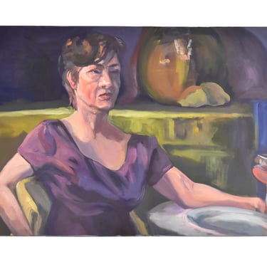 Oil Painting Portrait Woman w Glass of Wine by Lenell Chicago Artist 
