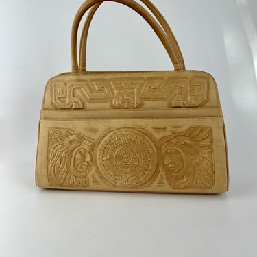 1950s-60's Top Handle Mexican Handbag - Nude Vaqueta Embossed Leather - Beautiful Hand Tooling - Brass Zippers - Excellent Condition 