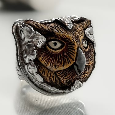 Artisan Owl Ring | Handcrafted One-of-a-Kind | Fantasy Inspired Warrior Owl with Scrollwork Silver Headress 