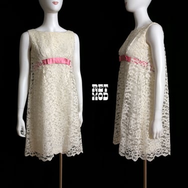Gorgeous Vintage 60s 70s White Lace Empire Waist Pink Bow Party Dress 