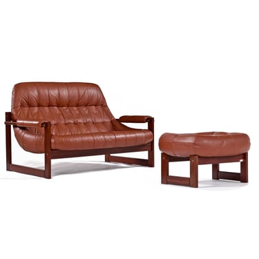 Percival Lafer Earth Leather and Rosewood Loveseat Sofa with Ottoman 