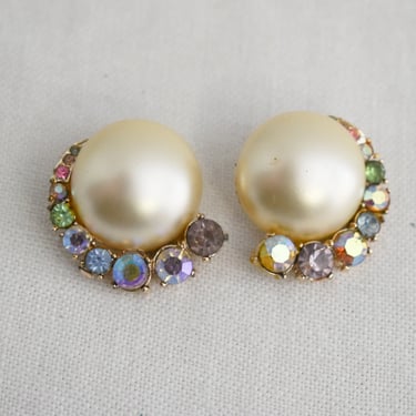 1960s Faux Pearl and Pastel Rhinestone Clip Earrings 