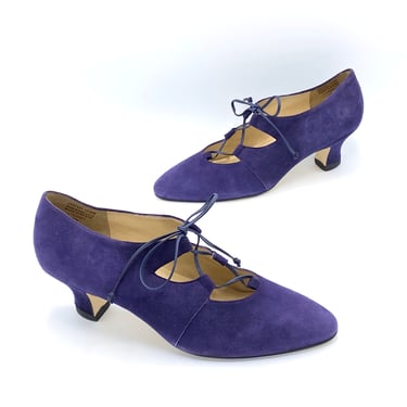 Vintage 1990s Suede Ghillies, 90s New Romantic Purple Suede Lace-Up Pumps, Pointed Toe Oxfords, Size 7 US 