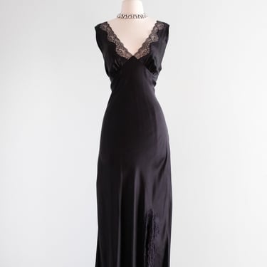 Vintage Black Silk Charmeuse & Lace Bias Cut Slip Gown / ML