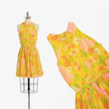 60s floral silk mini dress | Vintage 1960s yellow Sue Gail dress 