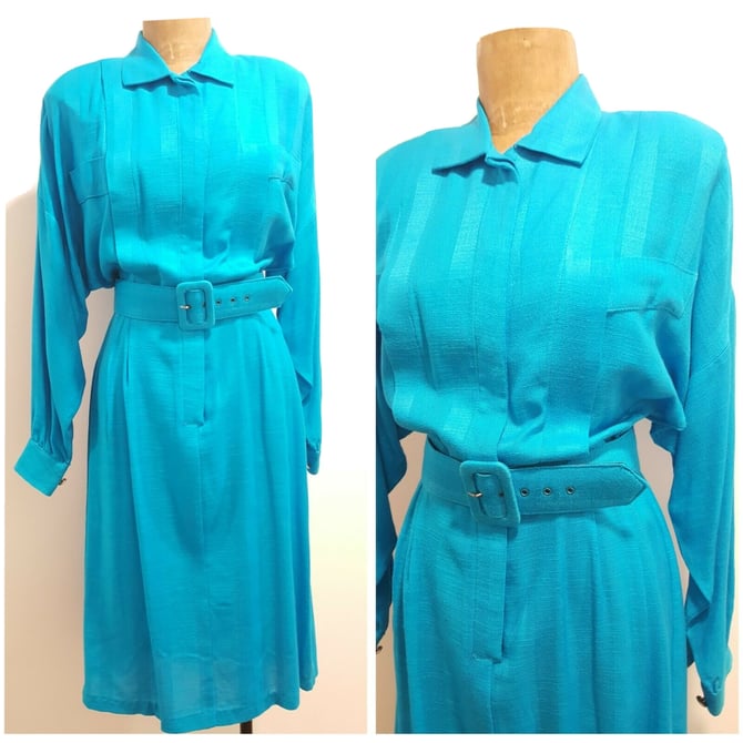 Vintage 80s Rabbit Belted Secretary Dress Size Medium Turquoise Midi Pencil