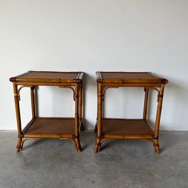 Vintage Rattan and Leather Two - Tier Side Tables a Pair 