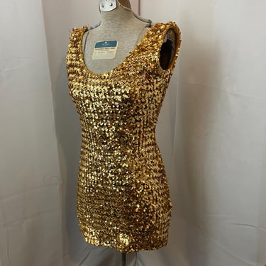 Gold All Sequins Mini Bodycon Dress Vintage Showgirl Costume 1950s S M 