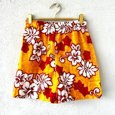 Vintage 80s 90s Hawaiian Shorts Yellow White Hawaii Floral High Waisted Shorts 