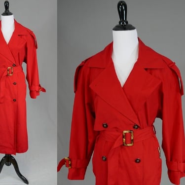 80s 90s Red Trenchcoat - Faux Tortoiseshell Buckles - Shoulder Pads - J. Gallery - Vintage 1980s 1990s - M 