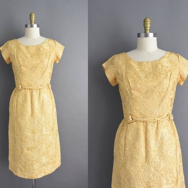vintage 1950s Gold Floral Cocktail Party Dress | Small | 50s dress 