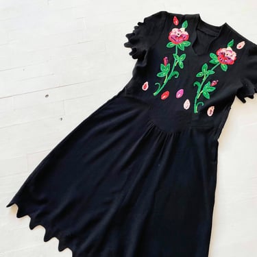 1940s Sequin Rose Black Rayon Crepe Dress 
