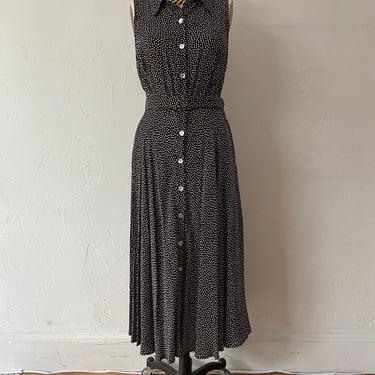 Vintage 90s Espresso Brown + White Polka Dot Button Front Midi Dress M/L