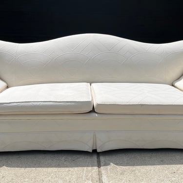 Vintage Mid-Century Art Deco Fan Upholstery Rolled Arm Sofa 