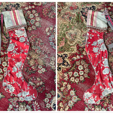 Beautiful hand made Christmas stocking, extra long | chiton floral & stripe, high end 