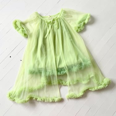 1960s Lime Green Chiffon Teddy + Robe Lingerie Set 