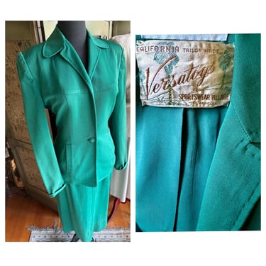 Vintage 1940s Green Gabardine 2 Piece Skirt Suit Set - S/M 