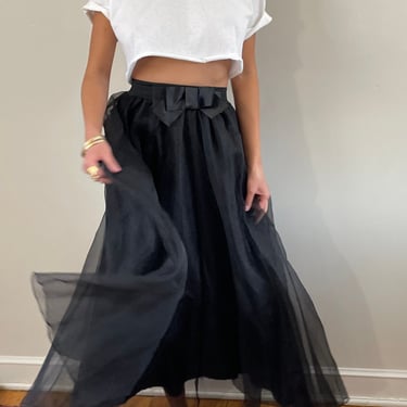90s chiffon overlay maxi skirt / vintage black sheer chiffon elastic waist long hostess skirt | XS S M 