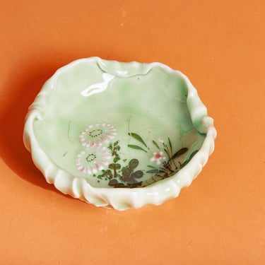 80s Green Floral Ceramic Ashtray Vintage Flower Print Pastel Ashtray 