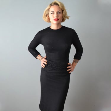 1950s Jonathan Logan Dress / Wiggle Dress / Black Wool Knit Dress / Little Black Cocktail Dress / Size Extra Small - Small 