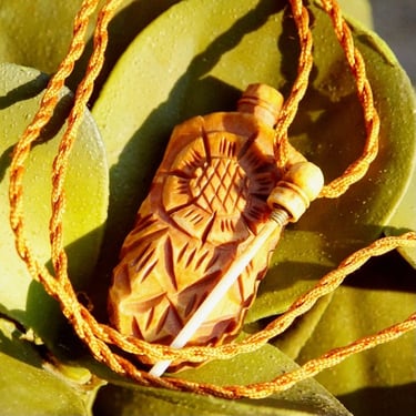 Vintage Hand Carved Wood Perfume Bottle Pendant Necklace, Perfume Applicator, Floral Fauna Motifs, Adjustable Woven Necklace String 