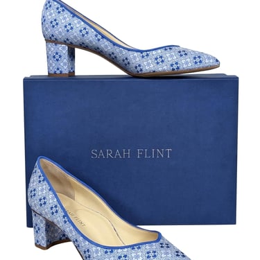 Sarah Flint - Blue &amp; White Print Pointed Toe Block Heel Pumps Sz 9