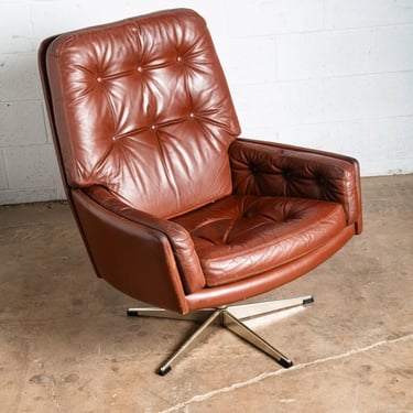 Mid Century Danish Modern Lounge Chair Recliner Red Leather Swivel Denmark Mcm