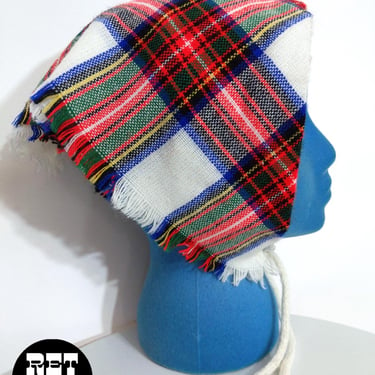 NWOT Vintage 60s 70s White Red Green Black Blue Plaid Woven Head Scarf 