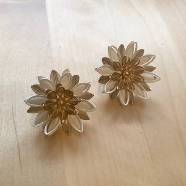 White and Gold-Toned Floral Clip-On Earrings - 1960s 