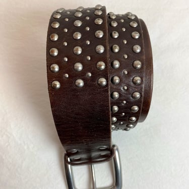 Vtg 90’s y2k extra wide dark brown leather studded belt silver studs RL thick chunky rocker Unisex androgynous size 31”-35” w 