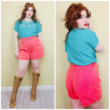 1990s Vintage Bay Street Coral Denim Mom Jeans / 90s High Waisted Cotton Pink Shorts / XL Waist 34" 