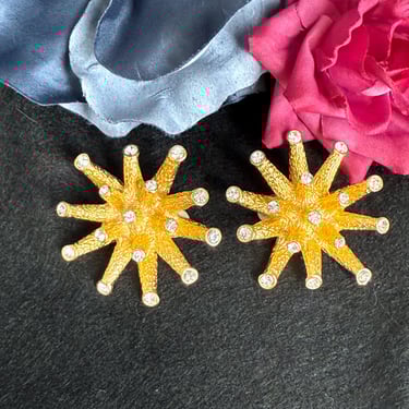 Sparkly Starburst Earrings, Rhinestone Bling, Abstract Art Deco Vibe, Clip Ons Vintage 80s 